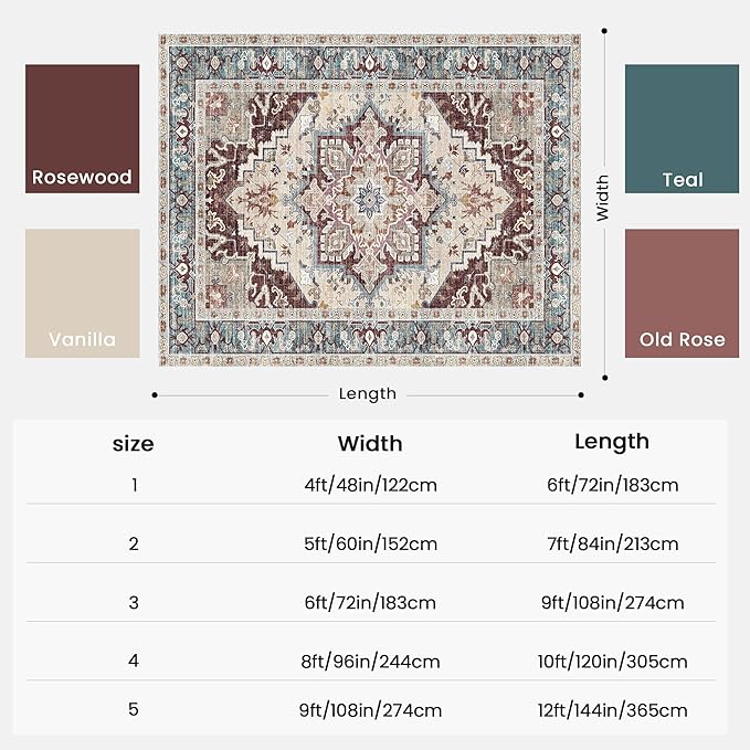 Washable Area Rugs Boho Thin Non Slip Stain Resistant Vintage Brown Printed Carpet Oriental Foldable Distressed 4x6 Rug for Living Room Bedroom Indoor House