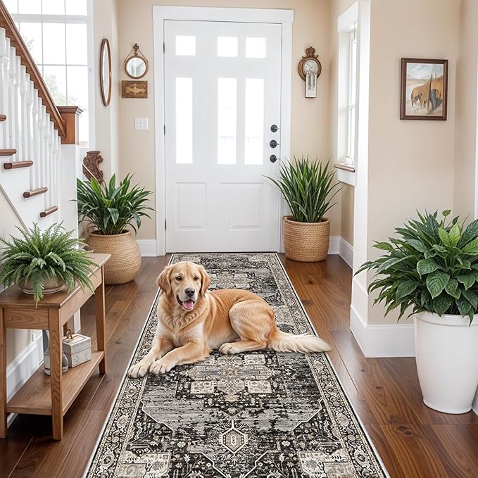 RUUGME Washable 3X8 Runner Rugs - Large Boho Rugs for Living Room Stain Resistant Carpet Vintage Tribal Rugs for Bedroom Kitchen Bathroom Non Slip Backing Home Decor Floor Decoration Mat 3X8 Black