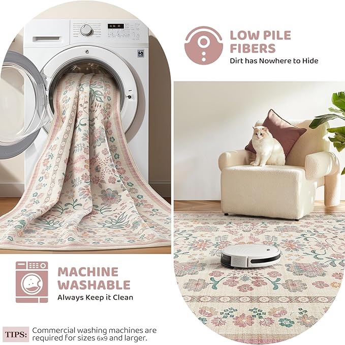 6x9 Area Rug Living Room Rugs - Washable Boho Vintage Floral Large Soft Non Slip Thin Rug Low Pile Carpet for Bedroom Dining Room Kids Playroom Office Decor Indoor- Pink