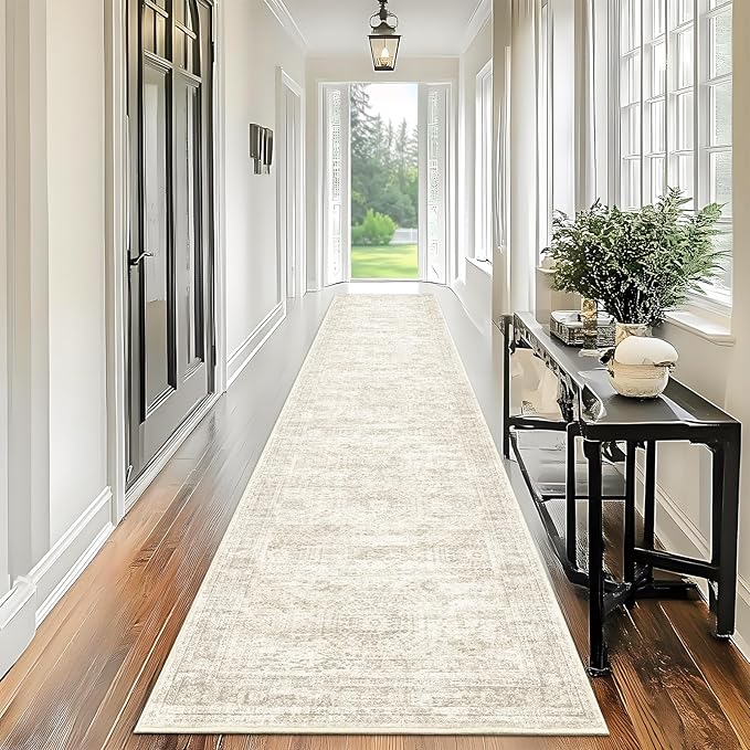 Runner Rug 2'6" x 14' Washable Non-Slip Runner Rugs for Kitchen Bathroom Laundry Room Vintage Ultra Thin Runners for Hallway Entryway Beige