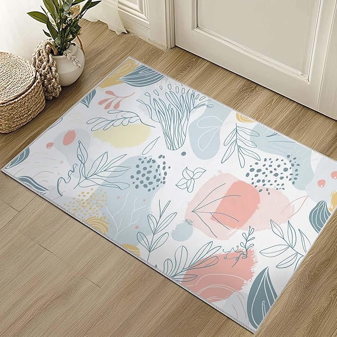 2x3 Entryway Rug Boho Minimalist Botanical Leaf Small Area Rug Thin Carpet Bathroom Non Slip Indoor Entrance Low Pile Door Mat Kitchen Stain Resistant Washable Machine