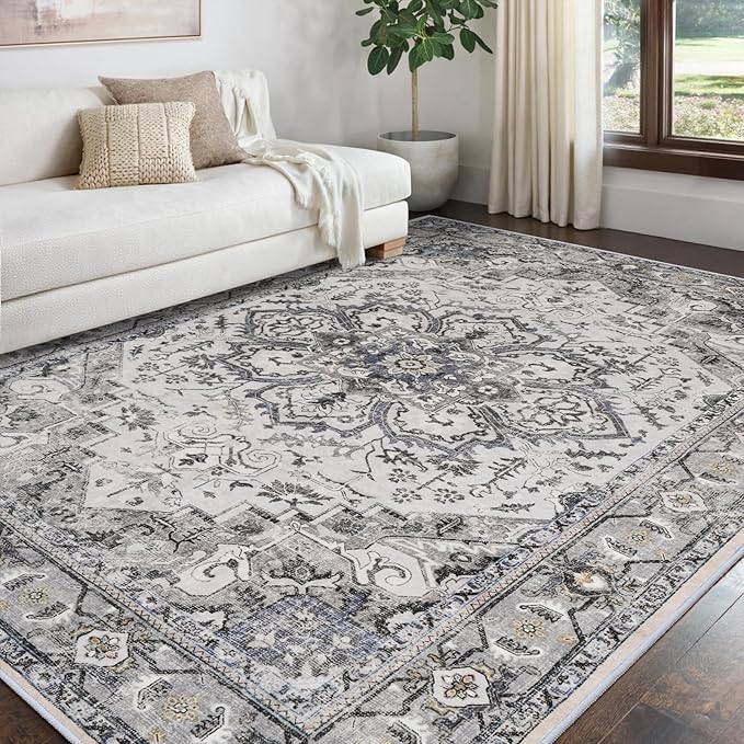 Washable Area Rug Vintage - Living Room Farmhouse Oriental Rug 5x8 Distressed Non-Slip Stain Resistant Carpet for Bedroom Dining Room Home Office (5x8 Grey/Blue)