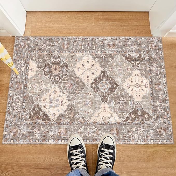 Washable Boho Vintage Area Rugs 2×3 Non-Slip Traditional Brown Area Rug Doormat for Bathroom Kitchen Entryway