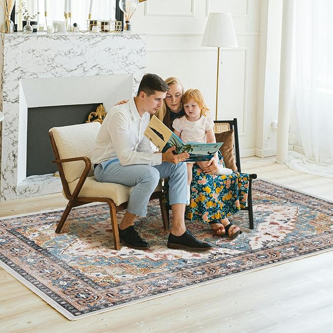 Washable Area Rugs, 3x5 Soft Non-Slip Soft Bedroom Living Room Accent Throw Boho Vintage Entry Floor Carpet for Dining Room Bathroom Entryway (Blue & Brown)