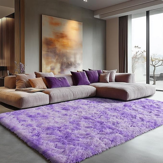 Zentavio Purple Rugs for Girls Room 6x9 Large Area Rugs for Living Room Carpet for Bedroom Washable Soft Fluffy Shag Aesthetic Plush High Pile Throw Rug for Nursery Kids Room Dorm Room Tie-Dyed