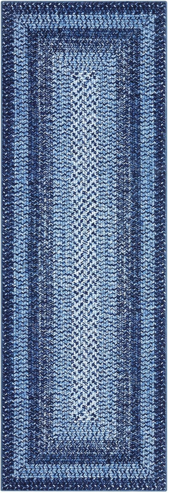 Washable Runner Rug 2x8 Bathroom Rugs Blue Modern Printed Braided Bedroom Rug Non Slip Geometric Area Rug Kitchen Rugs Stain Resistant Carpet for Laundry 2'x8' Navy Blue