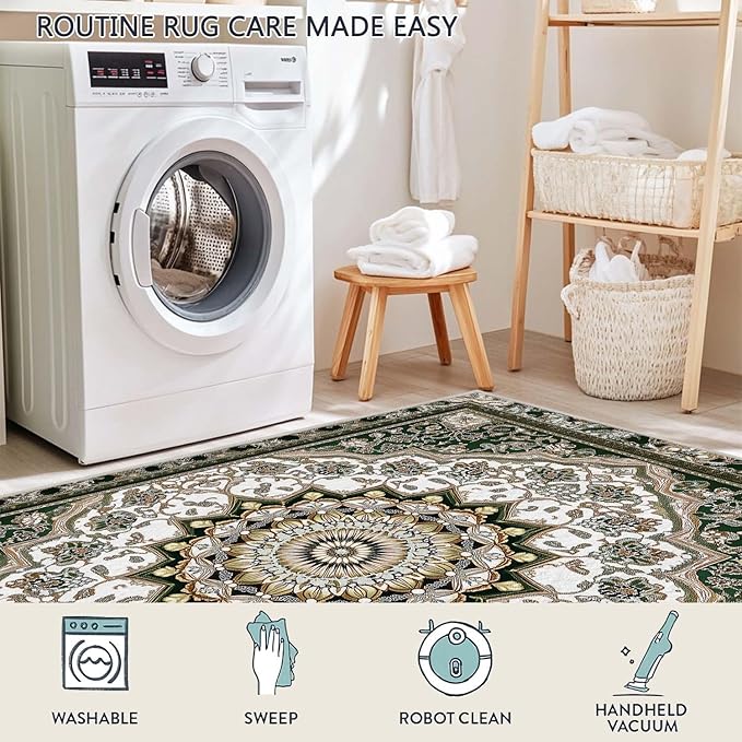 2x3 Entryway Rug Traditional Oriental Vintage White Dark Green Area Rug Indoor Entrance Non Slip Door Mat Stain Resistant Washable Machine Soft Low Pile Small Carpet Bathroom Kitchen