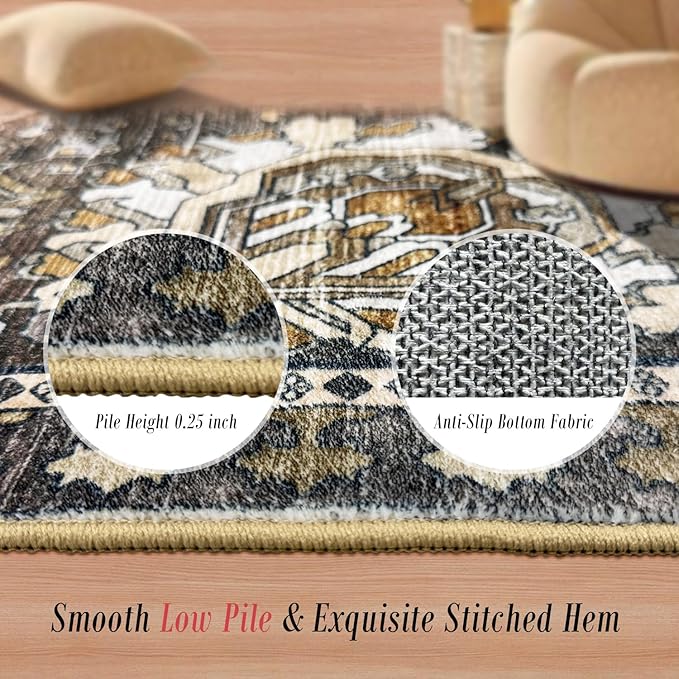 Washable Area Rugs - Perfect for Living Room, Bedroom, Kids Room, Nursery - Stain & Water Resistant Non-Slip, Pet & Child Friendly, Vintage Tribal Area Rugs (Ivory, 5' x 7')