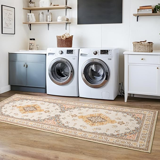 Tepook 2x6 Vintage Runner Rug - Low Pile Washable Non-Slip Carpet for Hallway, Kitchen, Bedroom, Entryway, Laundry Room, Bathroom - Indoor Throw Rug in Beige