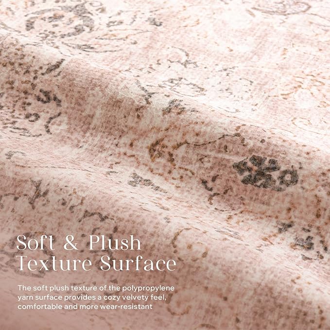 Phantoscope Hallway Runner Rug 2'x10'- Long Rug Runner Boho Washable Non-Slip Carpet for Kitchen Entryway Laundry Bedroom, Ultra-Thin Runners Vintage Distressed Accent Rug, Soft Pink/Beige