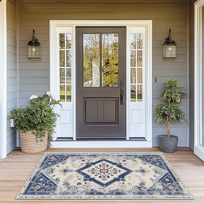 3x5 Entryway Rug Vintage Oriental Navy Blue Boho Beige Small Area Rug Bedroom Bedside Thin Carpet Bathroom Non Slip Indoor Entrance Low Pile Door Mat Kitchen Stain Resistant Washable Machine