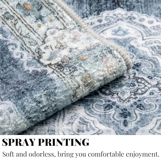 MUJOO Boho Rug 3'x5' Blue Grey Rugs Machine Washable Area Rug Small Non Slip Throw Rugs for Entryway Bedroom Bedside Kitchen Hallway Living Room Laundry Room Indoor Carpet Soft Low-Pile Floral