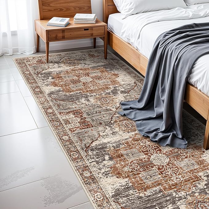 RUUGME Washable 3X8 Runner Rugs - Large Boho Rugs for Living Room Stain Resistant Carpet Vintage Tribal Rugs for Bedroom Kitchen Bathroom Non Slip Backing Home Decor Floor Decoration Mat 3X8 Brick