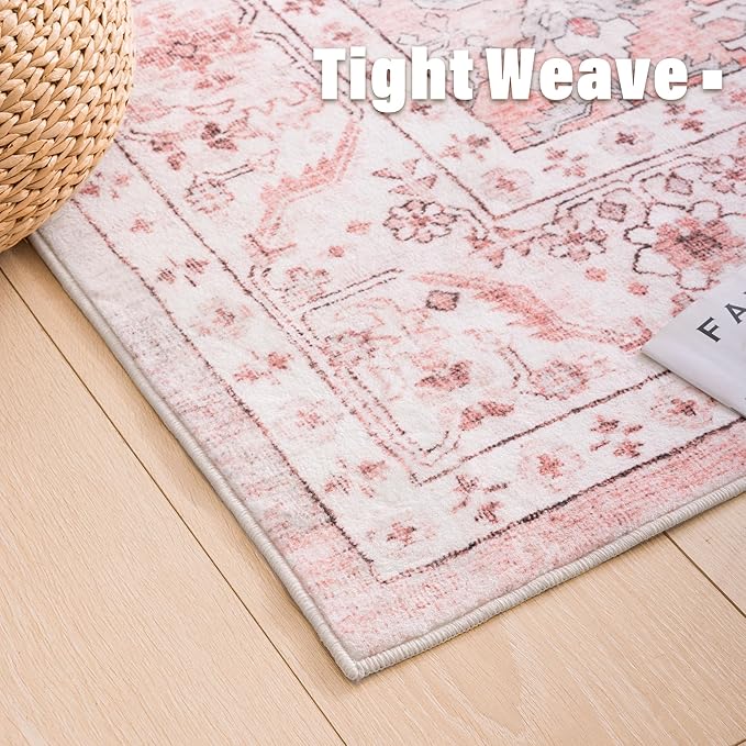 Carvapet Pink Rugs for Living Room Bedroom, Vintage Low Pile Large Carpet with Rubber Backing, Foldable, Non Slip Machine Washable (9 x 6 Feet Rectangular, Pink Area Rug)