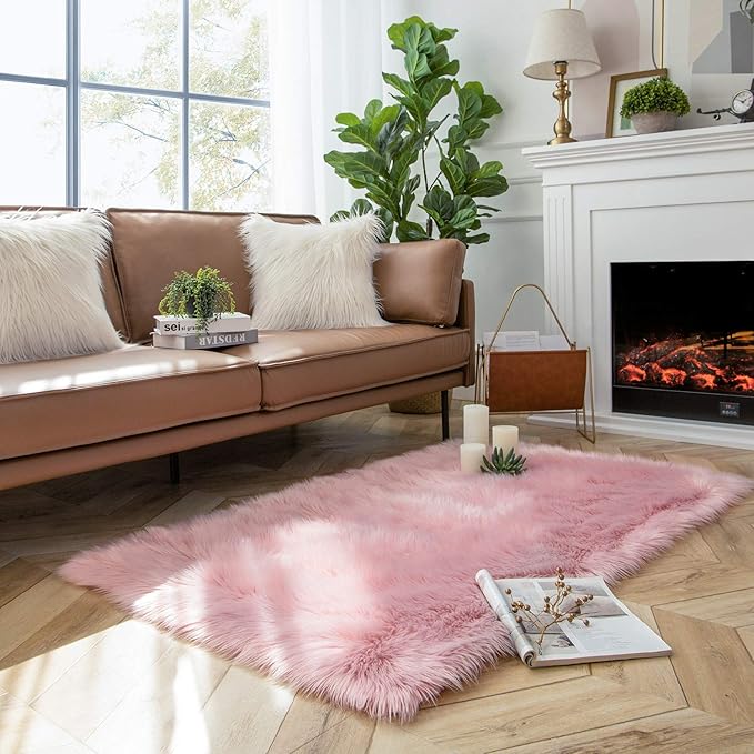 Ashler faux fur rug, Fluffy Shaggy Area Rug Ultra Soft 3 x 5 Feet Rectangle Fur Rug Pink Fuzzy Rug Machine Washable Shag Rug, Nursery Decor Throw Rugs for Bedroom, kids room, Living Room