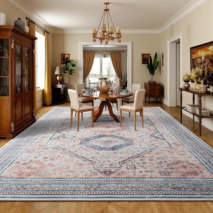 Maxsoft 8x10 Area Rug,Vintage Machine Washable Rugs for Living Room, Soft Non-Slip Low Pile Rug, Stain Resistant Rugs for Kitchen, Bedroom, Dining Room,Laundry Room,Nursery (Light Orange)