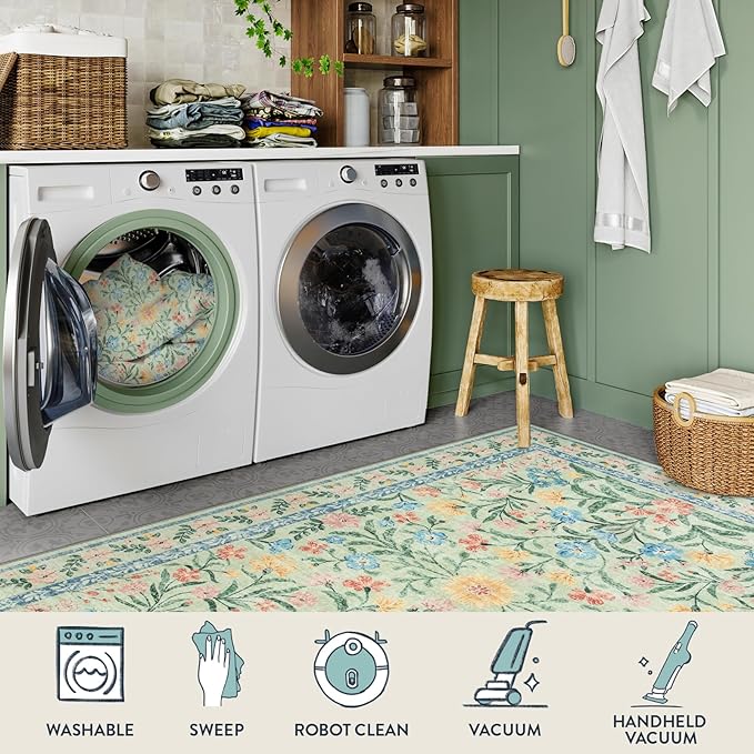 Lahome Machine Washable Runner Rug 2x6,Boho Bathroom Rug Runner,Vintage Floral Soft Ultra-Thin Indoor Throw Carpet for Entryway Bedroom Hallway Bath Laundry Room, Green/Multi