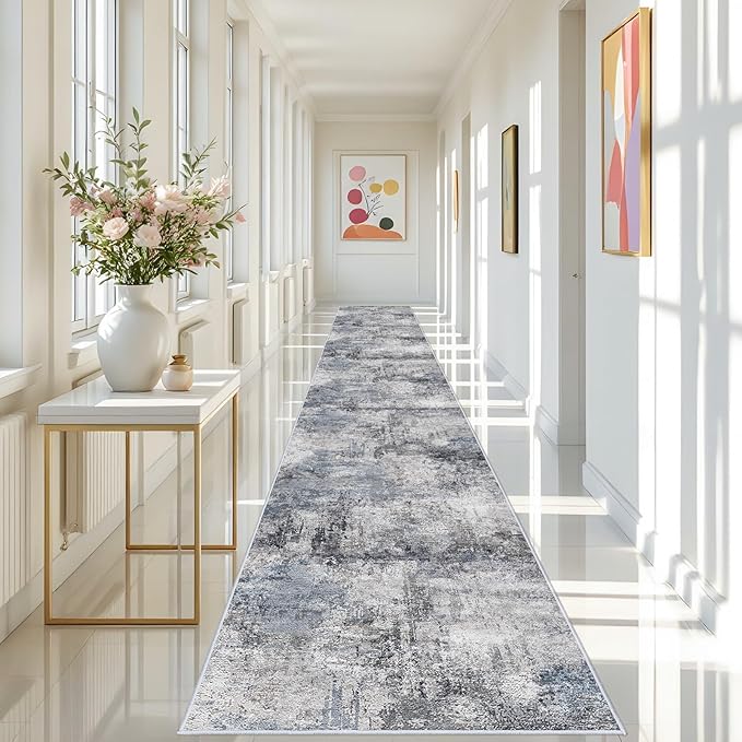 RUUGME 3x20 Runner Rug Hallway - Runner Rug Stain Resistant for Living Room Non Slip Indoor Entryway Rubber Backing Carpet Bedroom Kitchen Distressed Floor Decor Mat Machine Washable 3x20 Blue