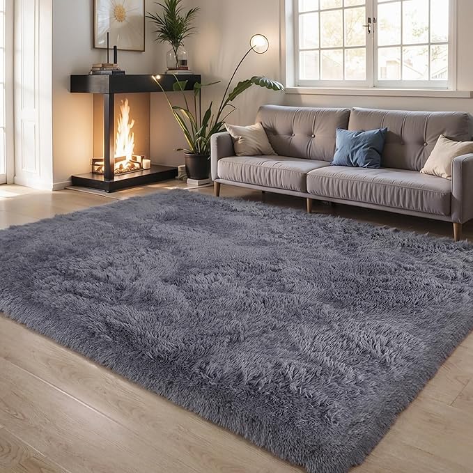 Thick Area Rug Grey Fluffy Shag 3x5 for Bedroom, Ultra Soft Plush Fuzzy Washable Throw Carpet, Modern Non Slip Cozy Furry Shaggy Rug for Living Room Kids Baby Nursery College Dorm