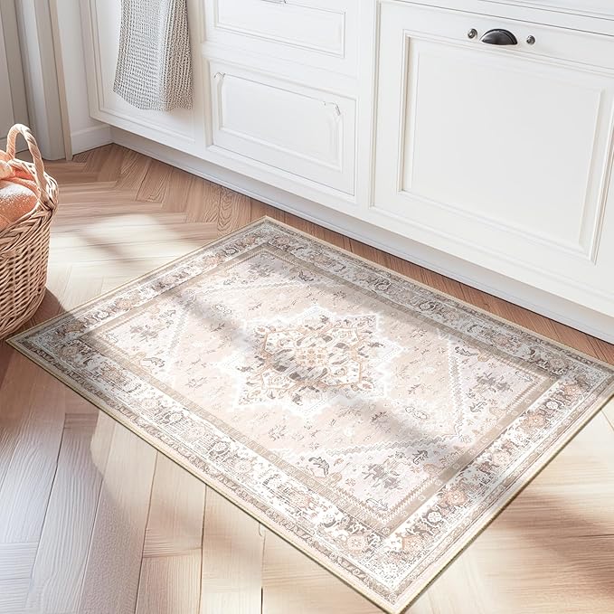 BESTSWEETIE 2x3 Area Rugs for Living Room Washable Non Slip Carpet Low Pile Soft Vintage Print Pattern Rug for Bedroom Dining Room Kitchen Entryway Indoor-Light Pink