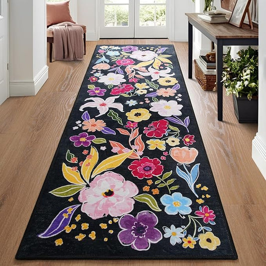 ST. BRIDGE Black Runner Rug 2x6, Washable Rug Runners for Hallway Entryway Bedroom, Non-Slip Low Pile Boho Floral Throw Rugs Soft Faux Wool Floor Carpet for Kitchen, Bathroom, Laundry