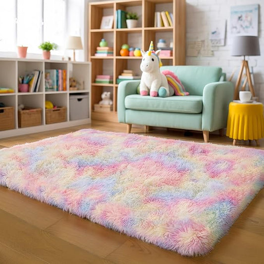 Thick Area Rug 4x6 Fluffy Shag - Rainbow Unicorn Carpet for Girls Bedroom, Soft Plush Fuzzy Pastel, Thickened Washable Non-Slip Shaggy Rug for Kids, Nursery, Living Room, Baby, Dorm