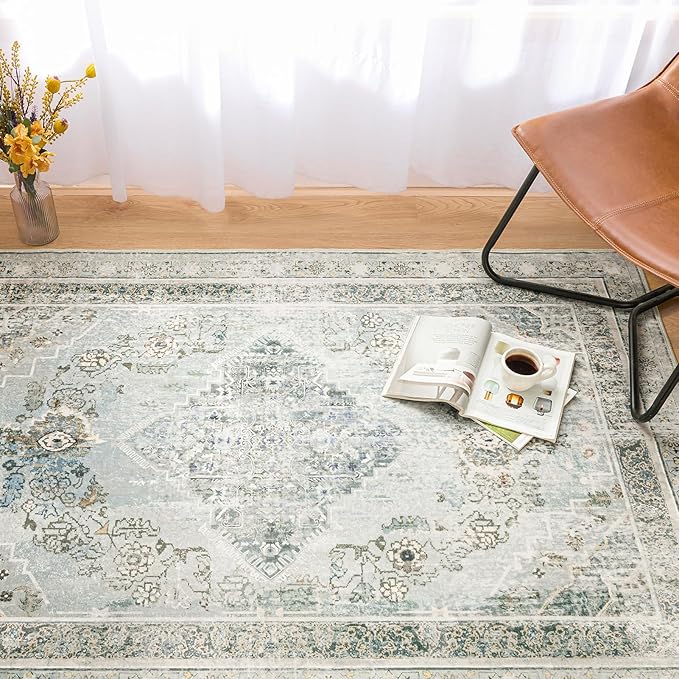 Phantoscope Vintage Collection Area Rug 5'x7' for Living Room - Washable Rug Large Boho Carpet Non-Slip for Bedroom Dining Room, Indoor Low-Pile Neutral Distressed Accent Rug, Grey/Dull Teal