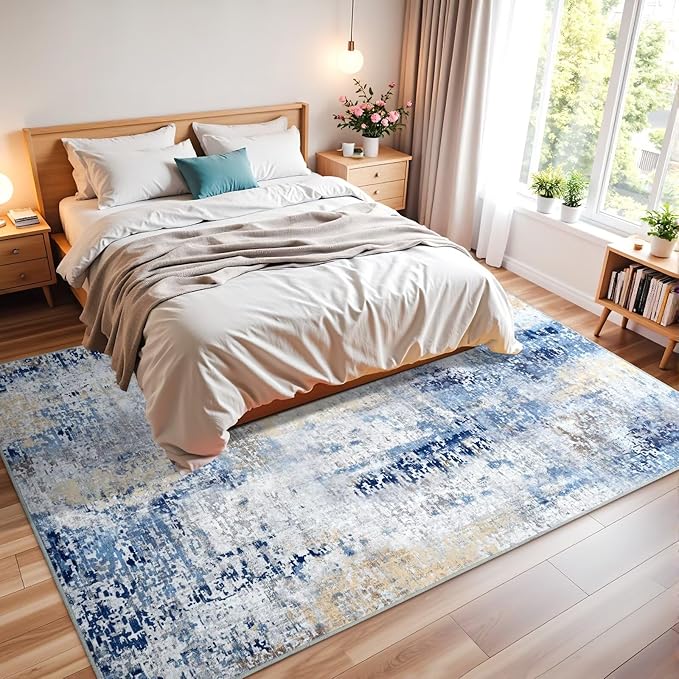 Washable Abstract Rug, 6x9 Modern Area Rugs with Non-Slip Rubber Backed for Living Room, Thin but Soft Contemporary Carpet Kitchen Bedroom Dining Room Decor, Midnight Blue