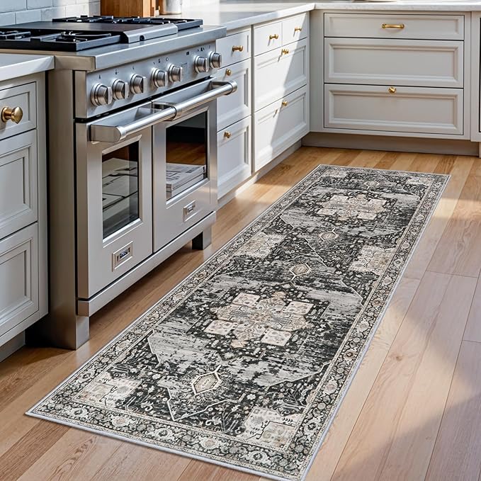 2x6 Hallway Washable Runner Rug - Boho Rugs for Living Room Stain Resistant Carpet Vintage Tribal Rugs for Bedroom Kitchen Non Slip Backing Home Decor Floor Decoration Mat 2X6 Black
