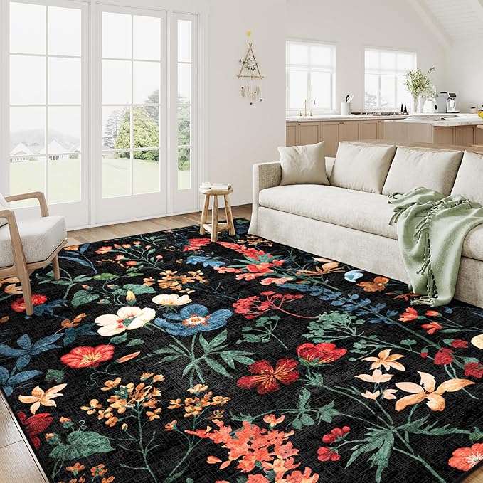 Black Area Rug 8x10 Floral Washable Living Room Kitchen Boho Carpet Non Slip Low Pile Indoor Accent Lightweight Soft Throw Rug for Bedroom Office Dining Room Nursery Farmhouse