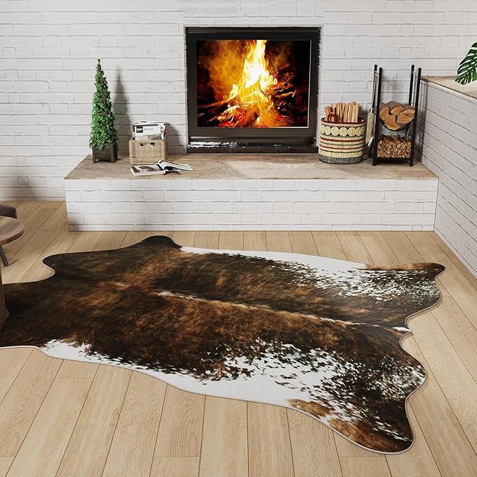 BENRON Faux Cowhide Rug, Western Cow Hide Rugs for Living Room Bedroom Home Decor, Non Slip Cute Rug with Irregular Animal Skins and Hides, Olive Green, 5.2 x 6.2ft