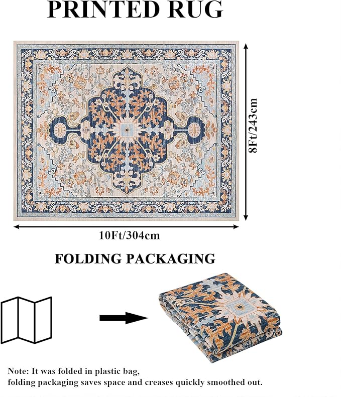 U'Artlines Boho Vintage Area Rug 8x10 Machine Washable Low Pile Soft Floor Carpet Non Slip Non Shedding Accent Rug for Living Room Bedroom Entryway Dining Room Office Orange Blue