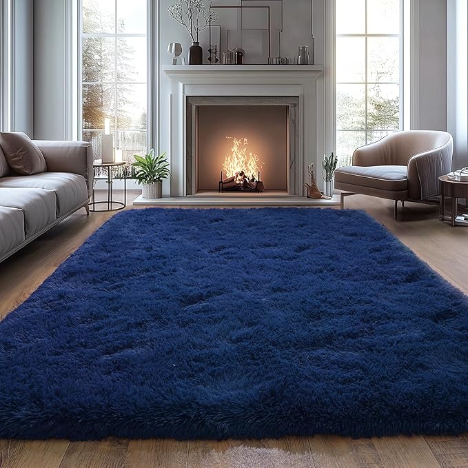 Shag Area Rugs for Living Room, Soft Fuzzy Plush Rugs, Upgrade Anti-Skid Modern Furry Rugs Fluffy Carpets for Kids Room Nursery Home Decor Dark Blue, 5X7 Feet