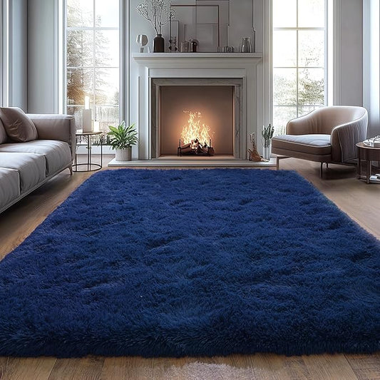 Shag Area Rugs for Living Room, Soft Fuzzy Plush Rugs, Upgrade Anti-Skid Modern Furry Rugs Fluffy Carpets for Kids Room Nursery Home Decor Dark Blue, 5X7 Feet