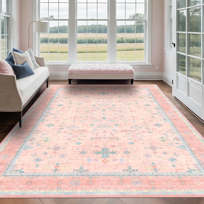 Washable Pink and Blue 8x10 Oushak Rugs for Bedroom Girls Dorm Living Room, Modern Floral Aethestic Distressed Design, Soft Faux Wool Low Pile Non Slip Stain Resistance Carpet
