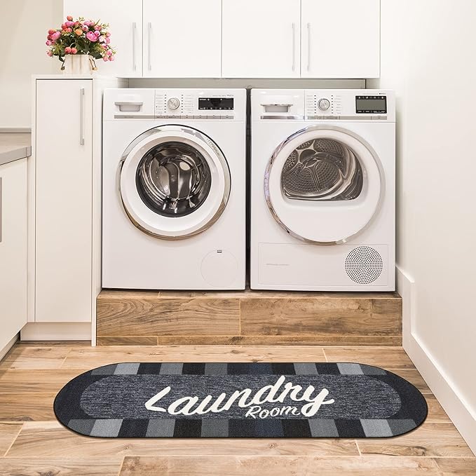 Machine Washable Checkered Border Laundry Room Rug Non-Slip Rubberback 2x5 Laundry Runner Rug for Laundry Room, Bathroom, Washroom, 20" x 59" Oval, Black