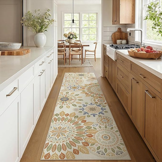 Bavni Kitchen Runner, Washable 2x12 Rugs Non Slip, Floral Thin Runners, Stain Resistant Carpet Runner for Bathroom, Bedroom, Hallway, Beige Brown