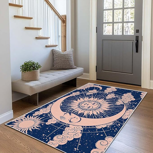 3x5 Entryway Rug Hippie Tarot Celestial Sun and Moon Navy Blue Area Rug Bedroom Bedside Ultra-Thin Small Carpet Bathroom Non Slip Indoor Low Pile Door Mat Kitchen Stain Resistant Washable Machine