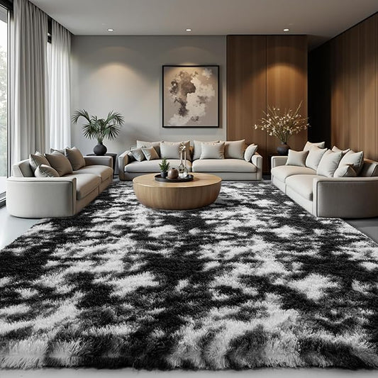 Zentavio Black and White Area Rugs for Living Room Large Rugs for Bedroom 8x10 Soft Carpet Fluffy Furry Shag Aesthetic Plush High Pile Gray Throw Rug for Nursery Kids Room Dorm Tie-Dyed