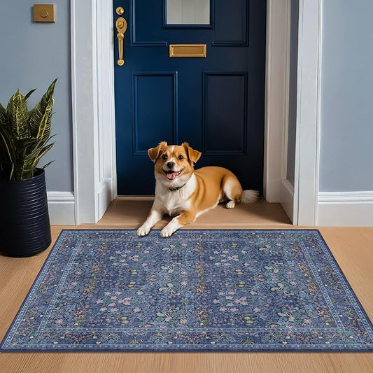 Vintage Dark Blue 3x5 Area Rugs for Entryway, Bedroom Beside Rug, Kitchen, Laundry Room, Non-Slip Low Pile Ultra Soft Stain Resistant Small Floral Carpet
