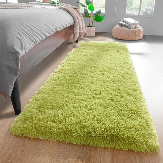 YJ.GWL Fluffy Runner Rugs for Bedroom Living Room Soft Shag Rug 2x6 Feet, Green Plush Carpet Non Slip for Nursery Dorm, Fuzzy Bedside Rug for Kids Boys Girls Room Home Decor