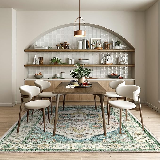 Washable 6x9 Area Rugs, Rugs for Living Room, Low-Pile Water&Stain Resistant Carpet Vintage Distressed Printed Non-Slip Carpet for Bedroom Bathroom Kitchen-Grass Green