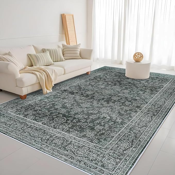 Washable Oriental Area Rug - 9x12 Rugs for Living Room Soft Carpet for Bedroom Waterproof Floral Distressed Indoor Stain Resistant Non-Shedding Floor Carpets (Black Green, 9x12)