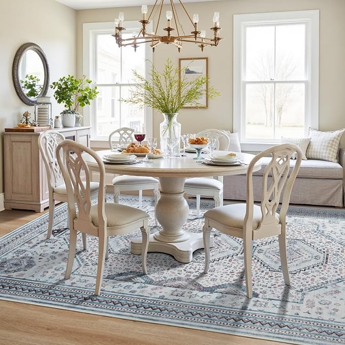 Maxsoft 8x10 Area Rug,Vintage Machine Washable Rugs for Living Room, Soft Non-Slip Low Pile Rug, Stain Resistant Rugs for Kitchen, Bedroom, Dining Room,Laundry Room,Nursery (Beige Blue)