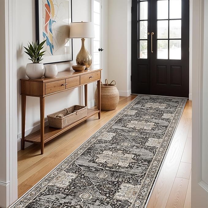 RUUGME Hallway 3x14 Runner Rugs - Large Boho Rugs for Living Room Stain Resistant Carpet Vintage Tribal Rugs for Bedroom Kitchen Bathroom Non Slip Backing Home Decor Floor Decoration Mat 3X14 Black