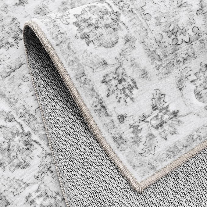 2x5 Washable Neutral Runner Rug Grey Hallway Kitchen Non-Slip Low Pile Floral Carpet Vintage Soft Thin Small Throw Rug for Bathroom Bedroom Entryway Indoor Entrance