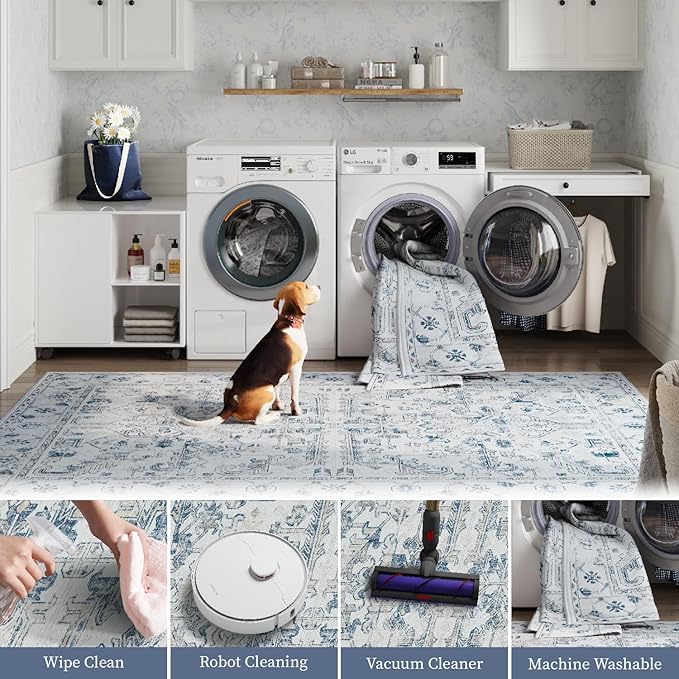 jinchan Hallway Runner Rug 3x10 Washable - Vintage Floral Non Slip Low-Pile Soft Ultra-Thin Faux Wool Kitchen Rug Distressed Carpet Runner for Farmhouse Bedroom Laundry (3x10ft,Blue)
