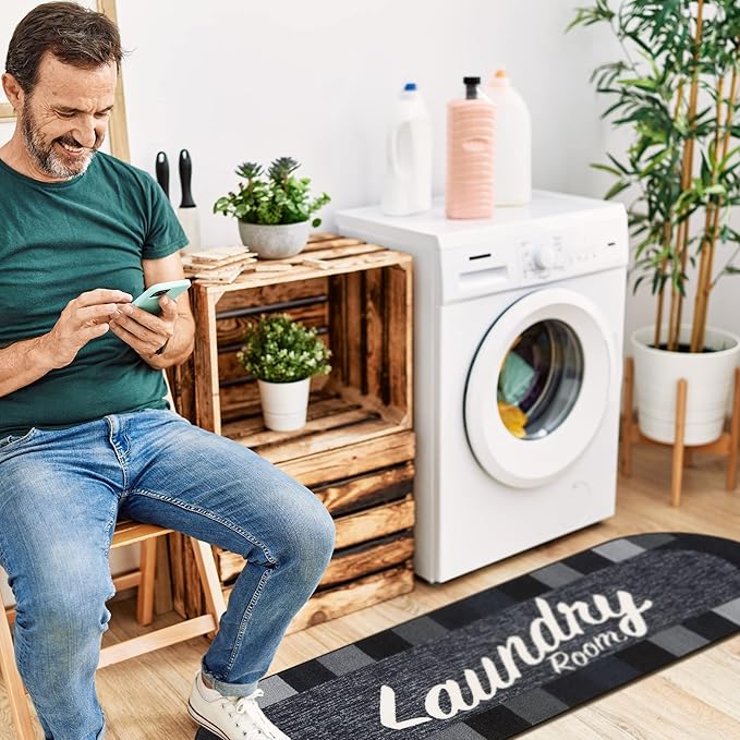 Machine Washable Checkered Border Laundry Room Rug Non-Slip Rubberback 2x5 Laundry Runner Rug for Laundry Room, Bathroom, Washroom, 20" x 59" Oval, Black