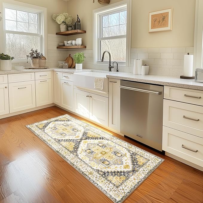 Washable 2x6 Area Rugs, Rugs for Living Room, Low-Pile Water&Stain Resistant Carpet Vintage Distressed Printed Non-Slip Carpet for Bedroom Bathroom Kitchen-Grey/Yellow