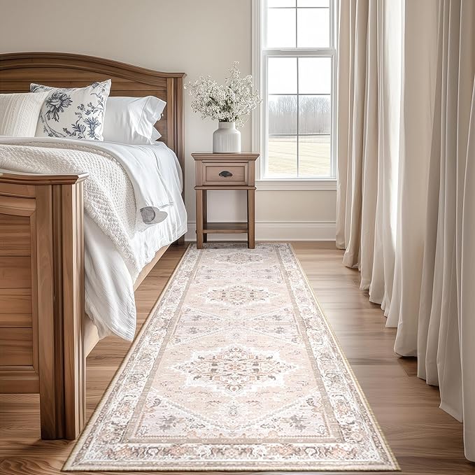 BESTSWEETIE 2x8 Area Rugs for Living Room Washable Non Slip Carpet Low Pile Soft Vintage Print Pattern Rug for Bedroom Dining Room Kitchen Entryway Indoor-Light Pink